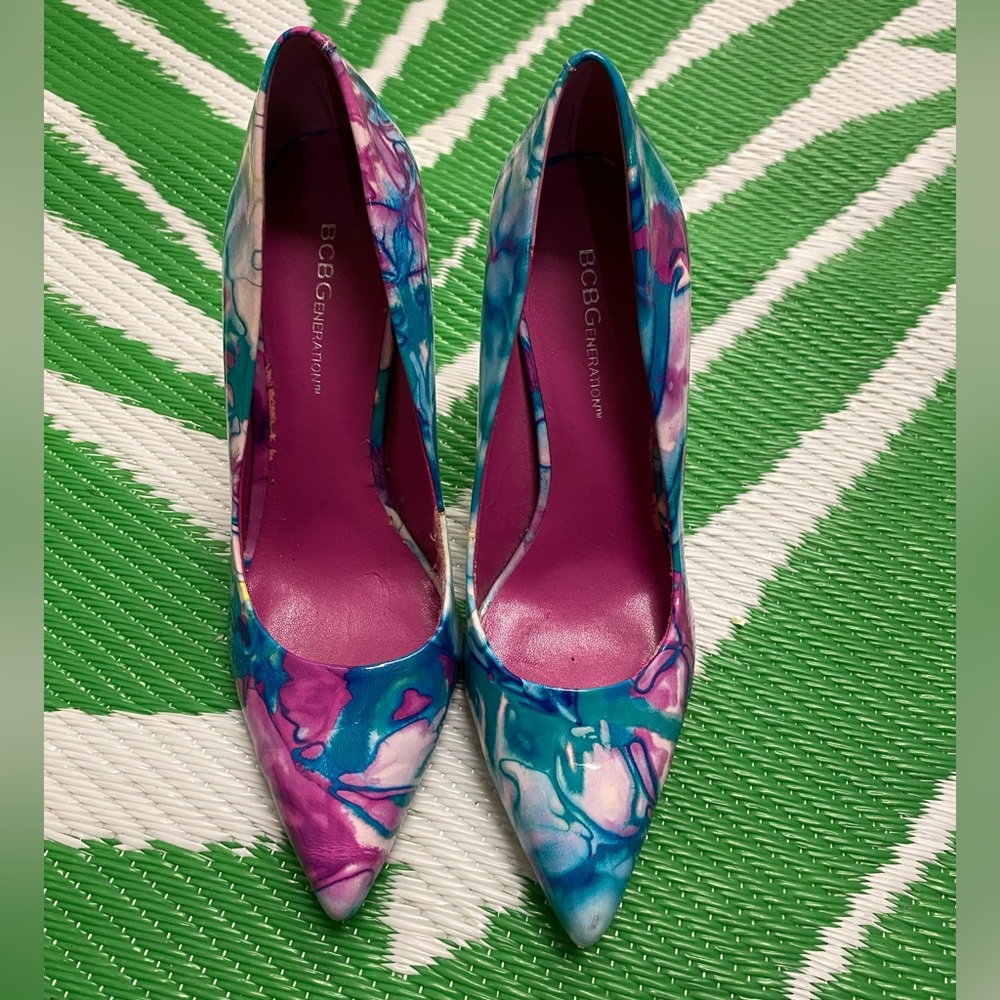 BCBGeneration Blue Purple and Pink Tye Dyeish Heels